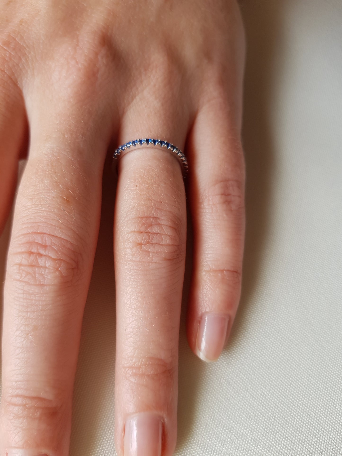 1.8mm wide Lab Blue Sapphire Half Eternity ring in white gold or Silver