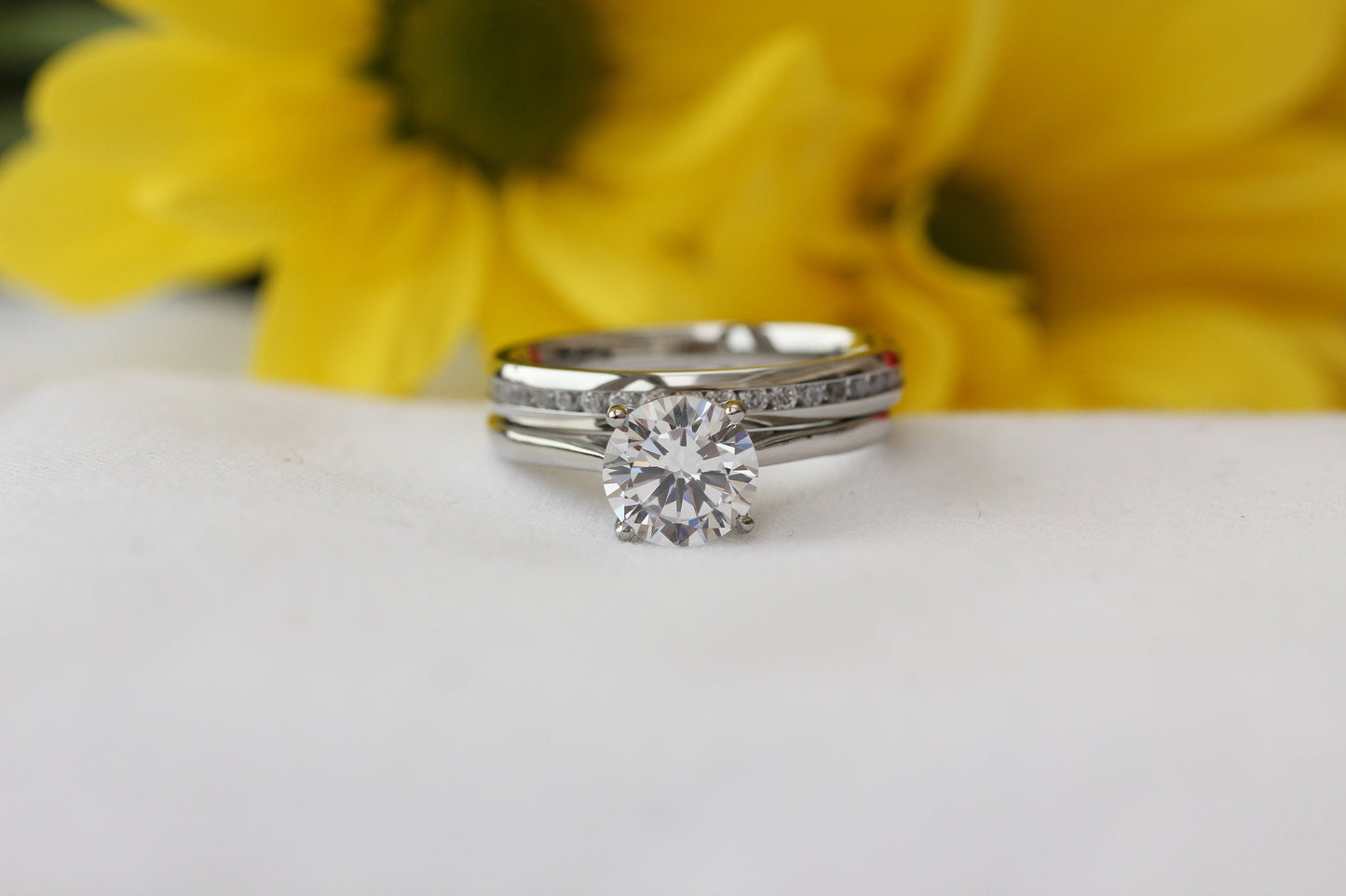Wedding set! 1.5ct Man Made Diamond Simulant cathedral solitaire and matching eternity ring in Titanium or White Gold