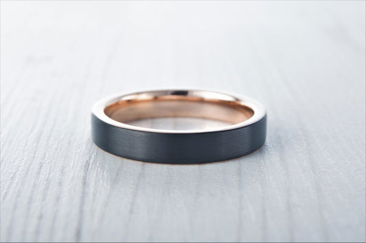 4mm Black Brushed titanium & 18k rose gold wedding ring band for men and women