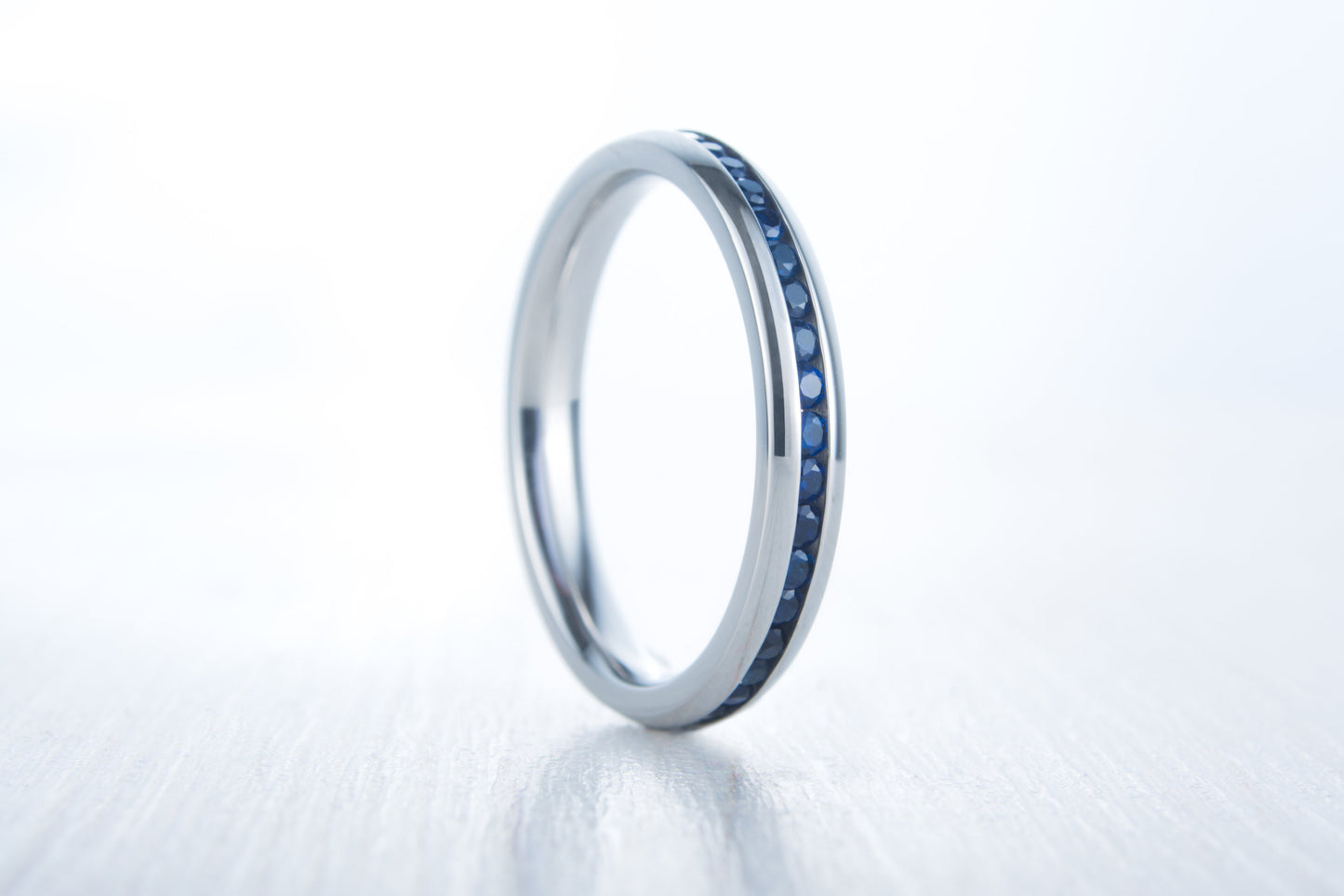 Lab blue sapphire 3mm Wide Full Eternity ring / stacking ring in white gold or titanium - Wedding Band - Engagement ring