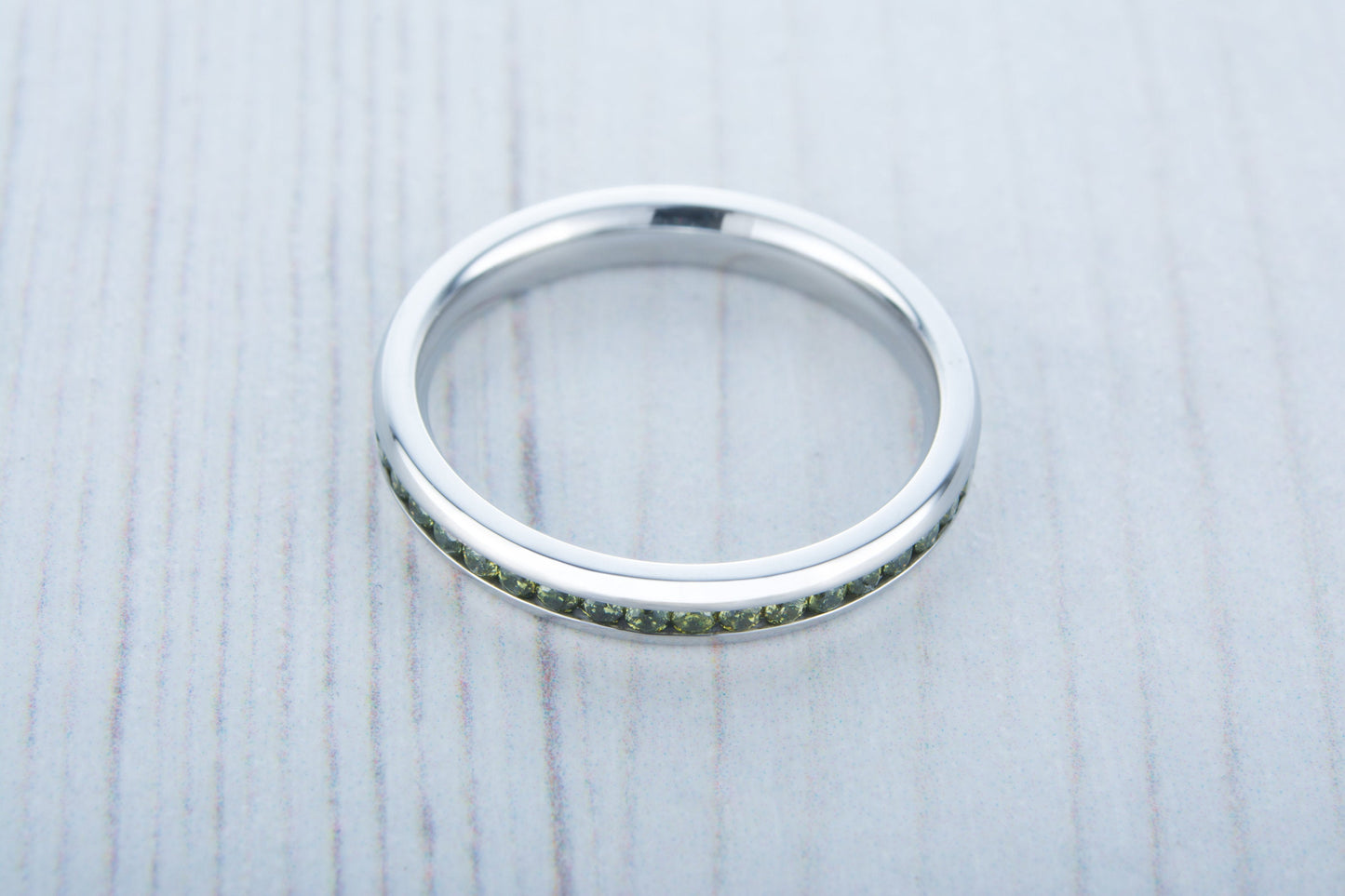 Natural Peridot 3mm Wide Full Eternity ring / stacking ring in white gold or titanium - Wedding Band - Engagement ring