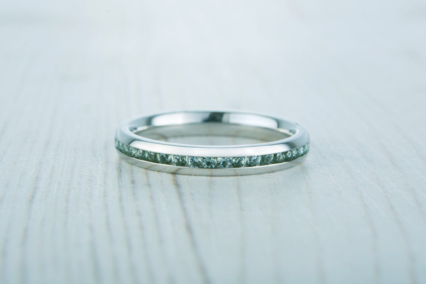 Natural Green Sapphire 3mm Wide Full Eternity ring / stacking ring in white gold or titanium - Wedding Band - Engagement ring