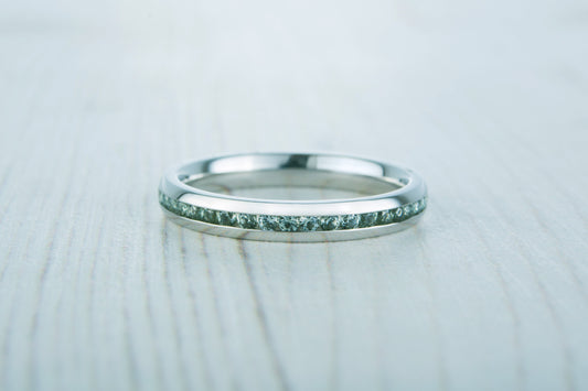 Natural Green Sapphire 3mm Wide Full Eternity ring / stacking ring in white gold or titanium - Wedding Band - Engagement ring