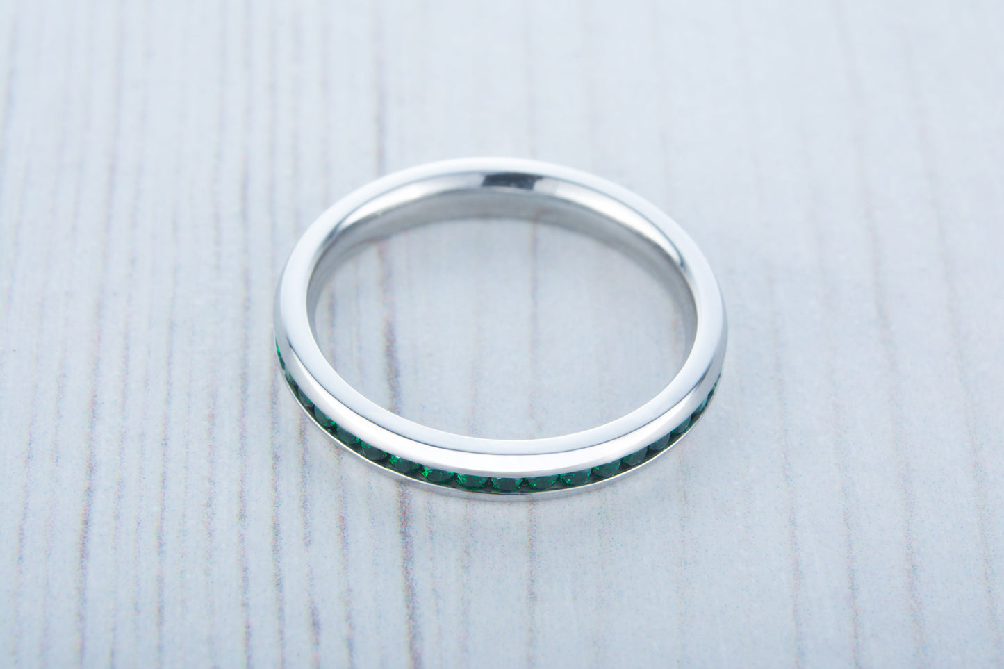 Lab Emerald 3mm Wide Full Eternity ring / stacking ring in white gold or titanium - Wedding Band - Engagement ring