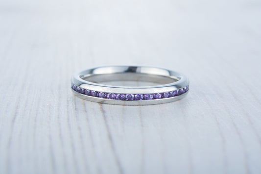 Natural Amethyst 3mm Wide Full Eternity ring / stacking ring in white gold or titanium - Wedding Band - Engagement ring