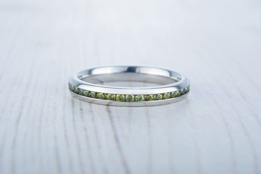 Natural Peridot 3mm Wide Full Eternity ring / stacking ring in white gold or titanium - Wedding Band - Engagement ring