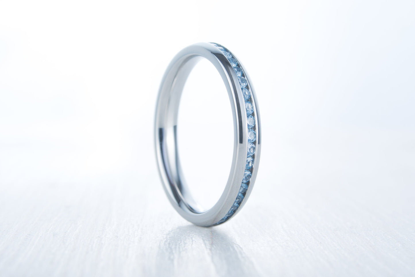 Natural Aquamarine 3mm Wide Full Eternity ring / stacking ring in white gold or titanium - Wedding Band - Engagement ring