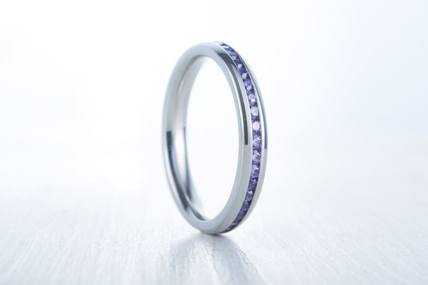 Natural Amethyst 3mm Wide Full Eternity ring / stacking ring in white gold or titanium - Wedding Band - Engagement ring