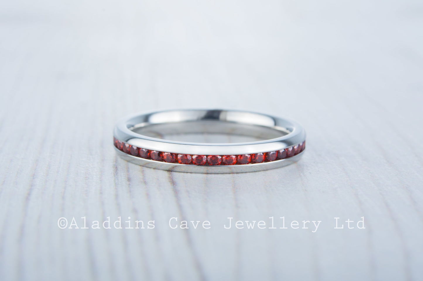 Natural Garnet 3mm Wide Full Eternity ring / stacking ring in white gold or titanium - Wedding Band - Engagement ring