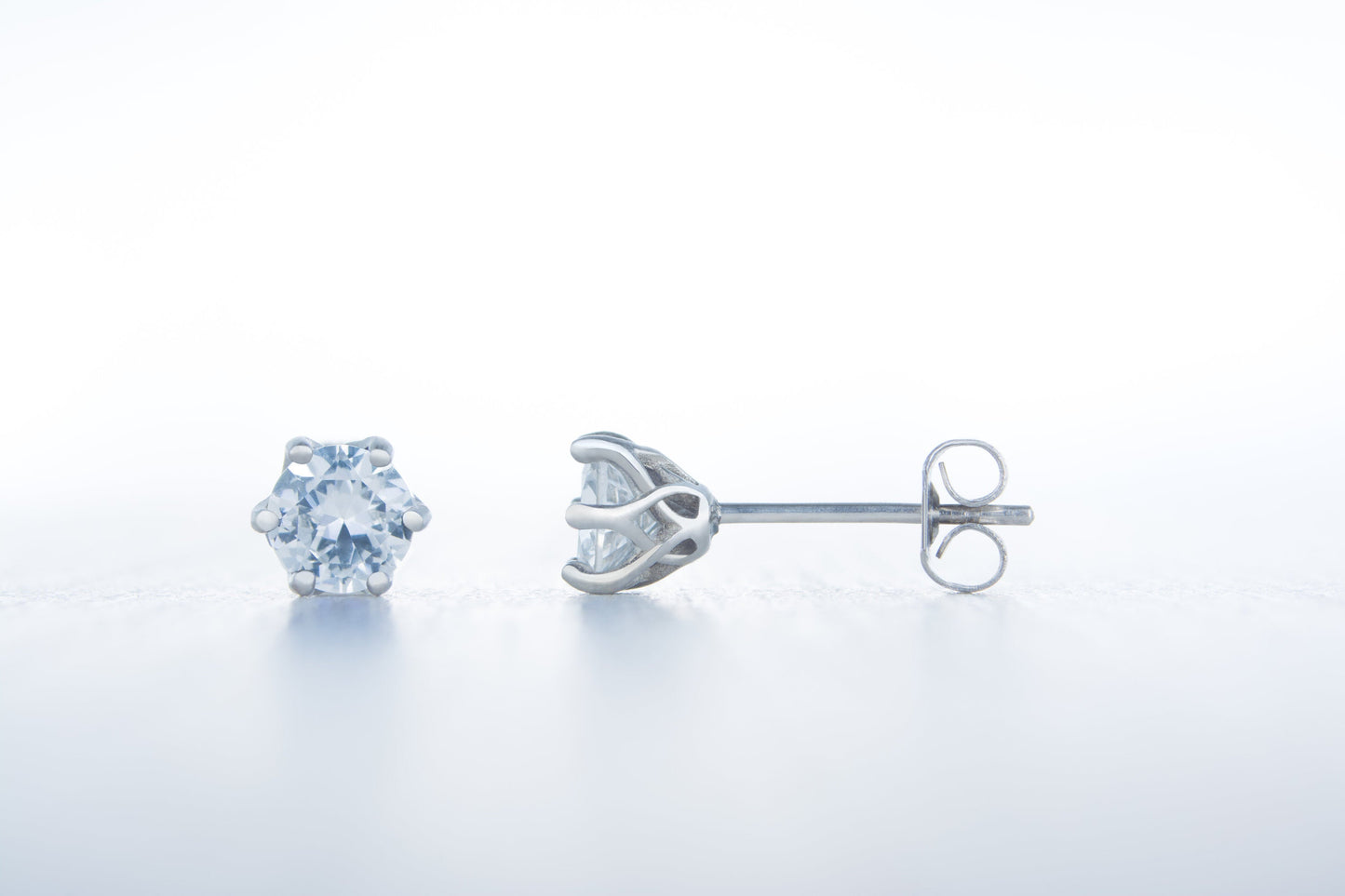 European Cut Man Made Diamond Simulant stud earrings, available in titanium, white gold and surgical steel 4mm, 5mm or 6mm sizes