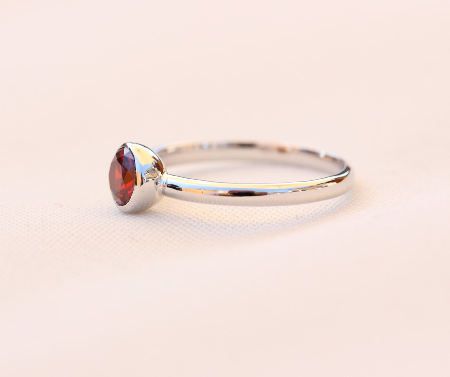 Natural Garnet bezel set solitaire ring - Available in white gold or sterling silver - handmade ring
