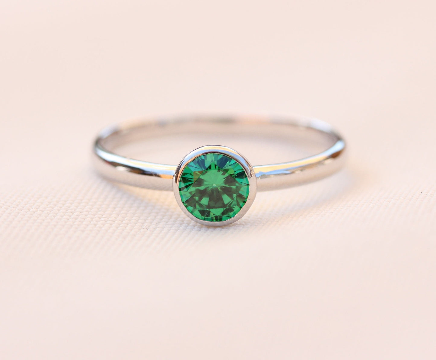 Lab Emerald bezel set solitaire ring - Available in white gold or sterling silver - handmade ring