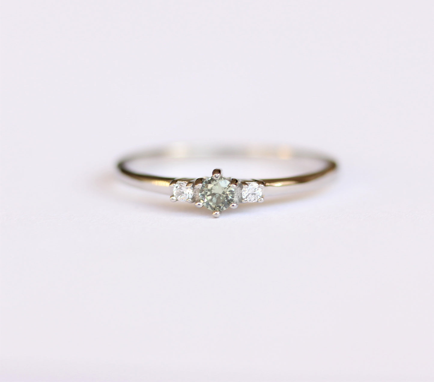 Natural Green Sapphire and White Sapphire 3 stone Trilogy Ring in White Gold or Titanium  - engagement ring - handmade ring