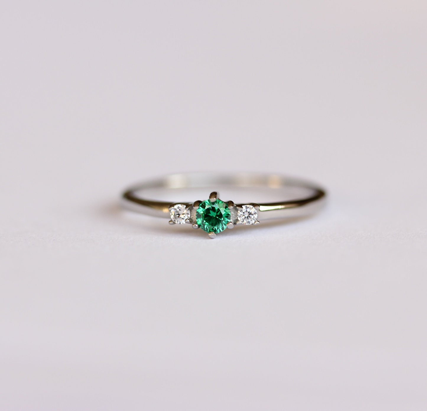 Natural Emerald and White Sapphire 3 Stone Trilogy Ring in White Gold Filled or Titanium  - Engagement Ring - Handmade Ring