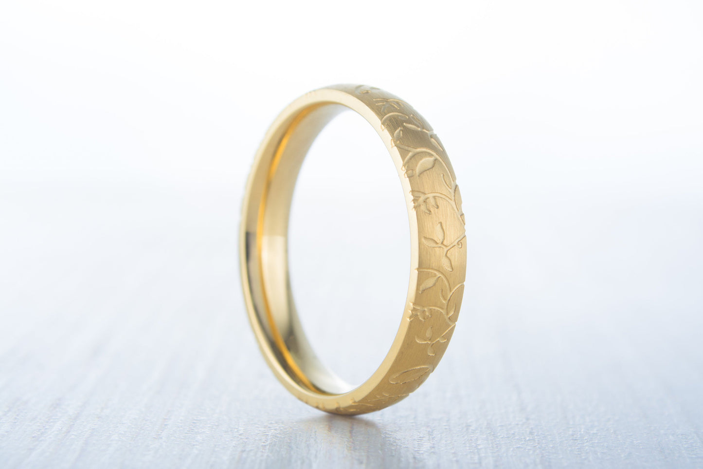 4mm wide 18K Yellow Gold and Brushed Titanium with engraved detail Wedding ring band for men and women