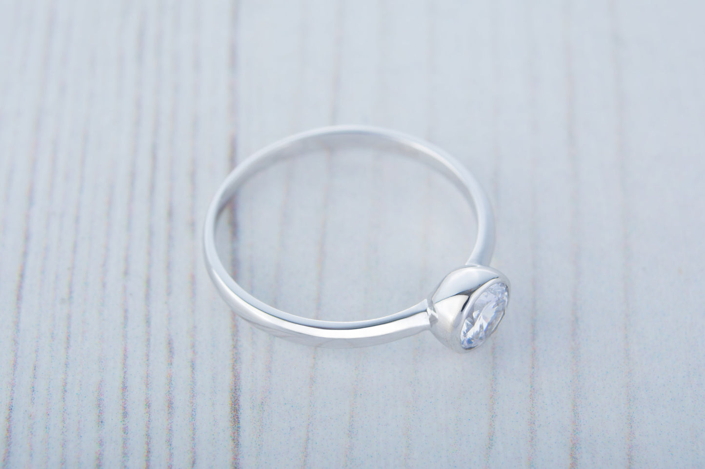 Lab White Sapphire bezel set solitaire ring - Available in white gold or sterling silver - handmade ring