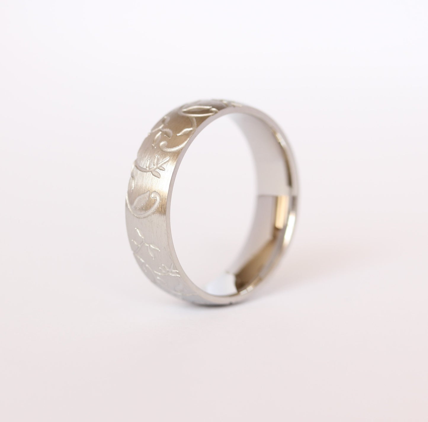 6mm wide Brushed White gold & Titanium with engraved detail Wedding ring band for men and women