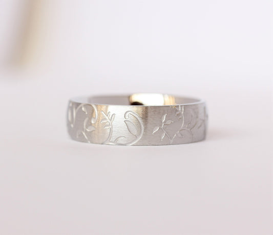6mm wide Brushed White gold & Titanium with engraved detail Wedding ring band for men and women