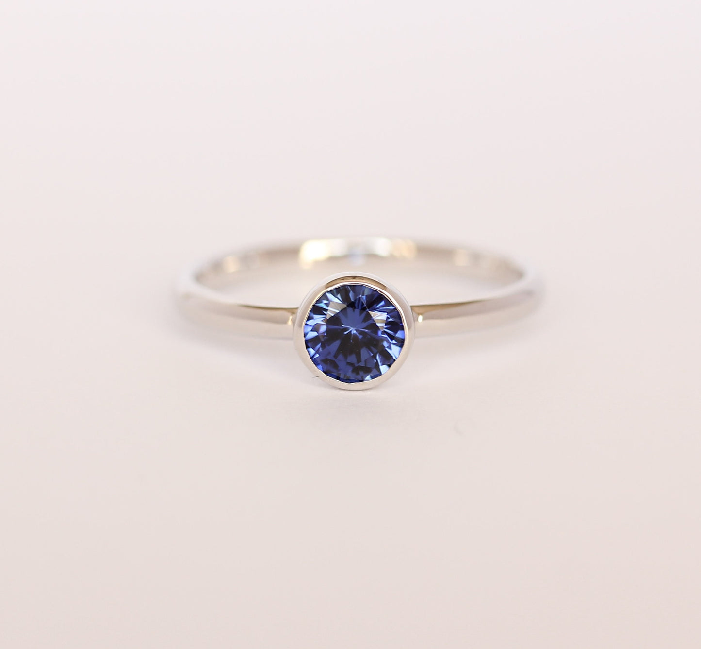Lab Blue Sapphire bezel set solitaire ring - Available in white gold or sterling silver - handmade ring