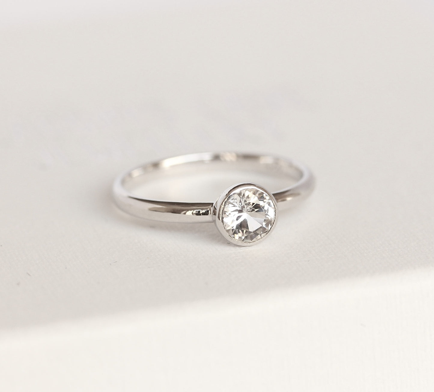 Simulated diamond bezel set solitaire ring - Available in white gold or sterling silver - handmade ring