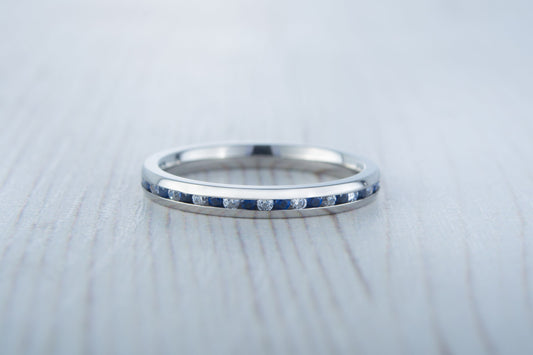 Lab blue & White sapphire 2.5mm Wide Full Eternity ring / stacking ring in white gold or titanium - Wedding Band - Engagement ring