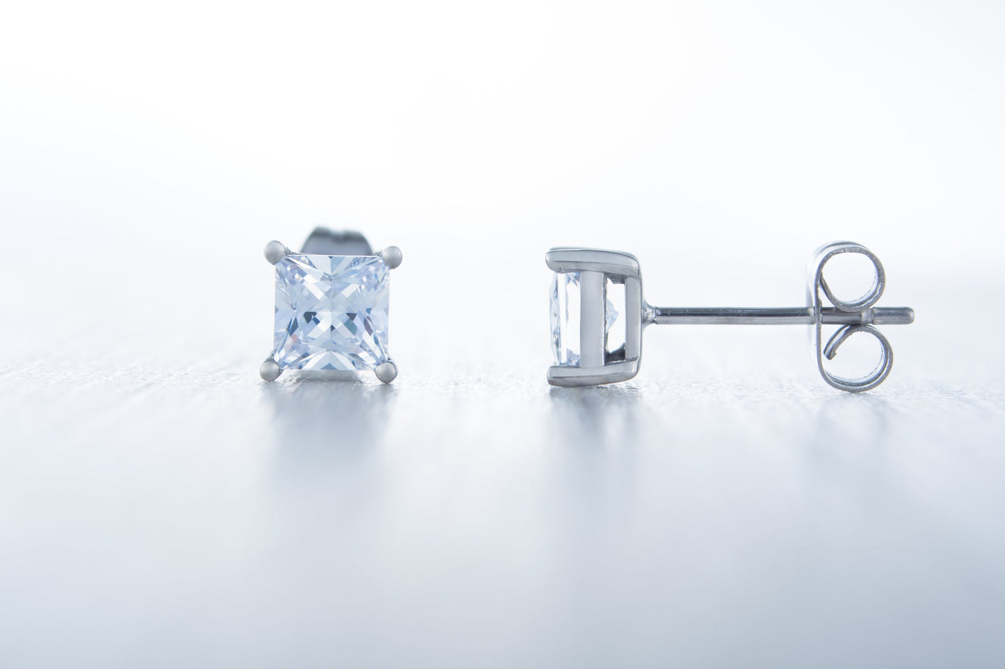 Man Made Diamond Simulant stud earrings, available in titanium, white gold and surgical steel 3mm, 4mm & 5mm sizes