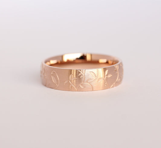 6mm wide 18K Rose Gold and Brushed Titanium with engraved detail Wedding ring band for men and women