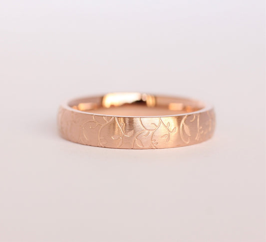 4mm wide 18K Rose Gold and Brushed Titanium with engraved detail Wedding ring band for men and women