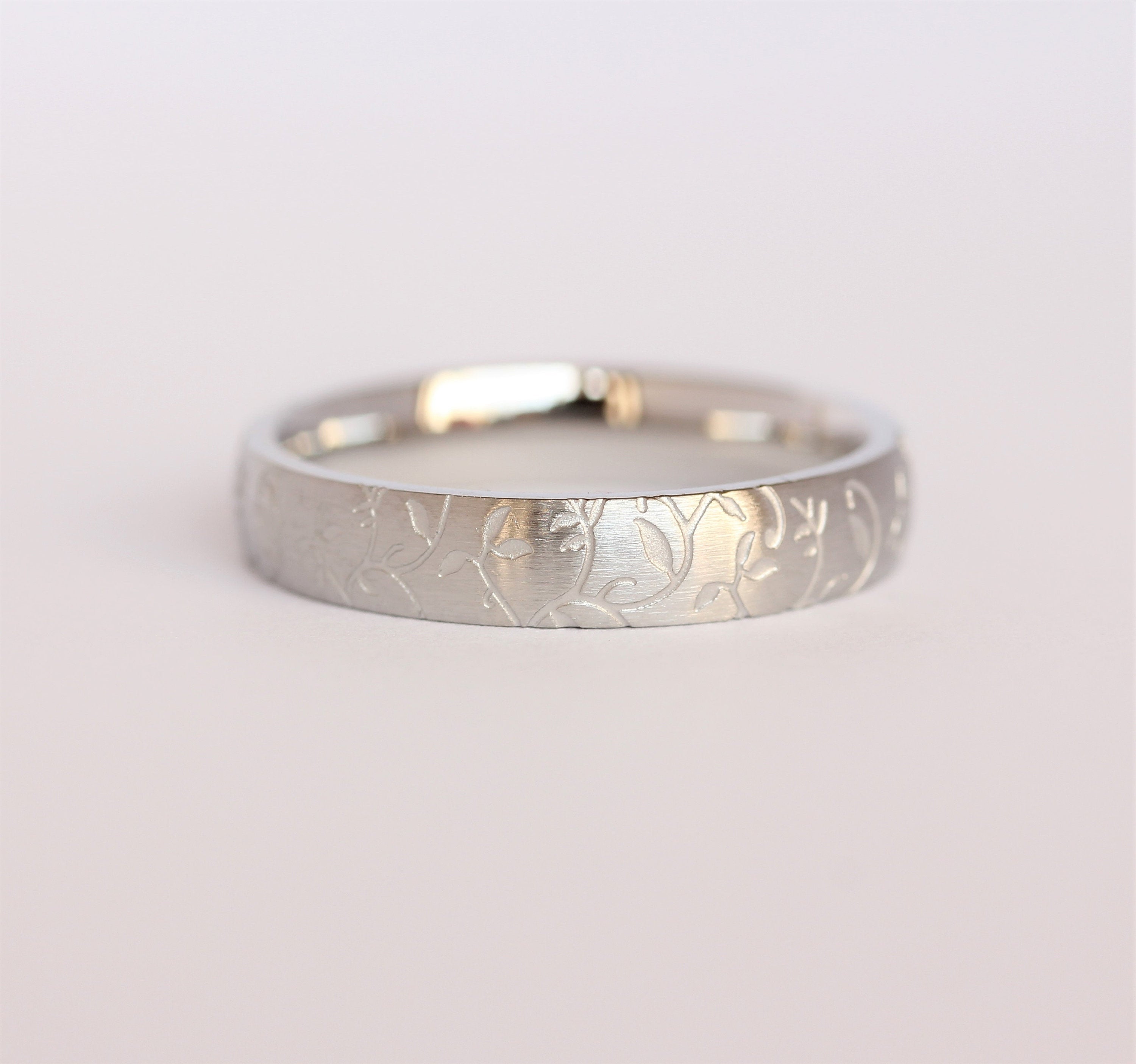 4mm wide Brushed White gold & Titanium with engraved detail Wedding ri