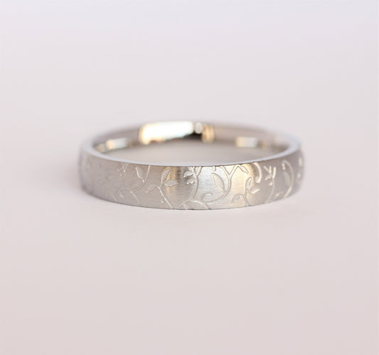 4mm wide Brushed White gold & Titanium with engraved detail Wedding ring band for men and women
