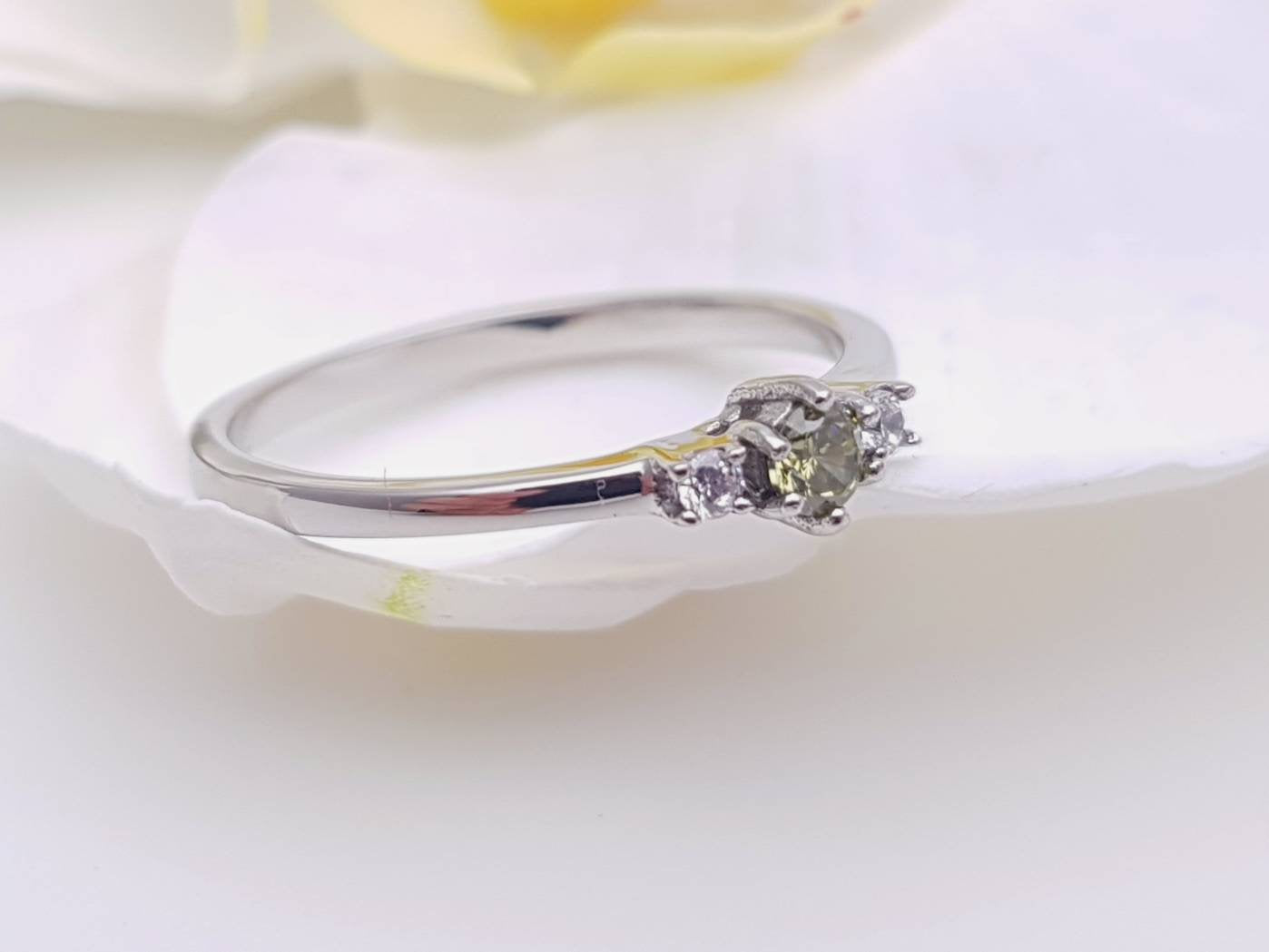 Natural Peridot and White Sapphire 3 stone Trilogy Ring in White Gold or Titanium  - engagement ring - handmade ring