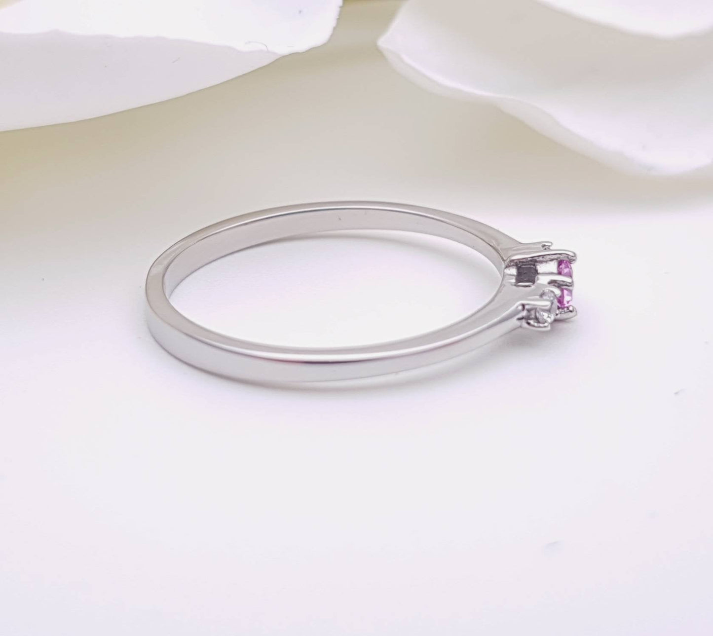 Pink Tourmaline and White Sapphire 3 stone Trilogy Ring in White Gold or Titanium  - engagement ring - handmade ring