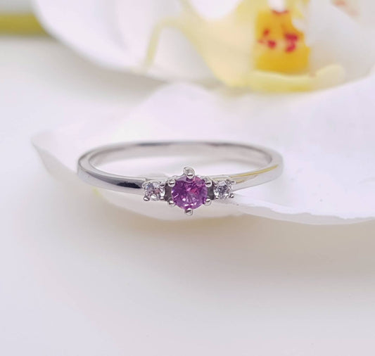 Pink Tourmaline and White Sapphire 3 stone Trilogy Ring in White Gold or Titanium  - engagement ring - handmade ring