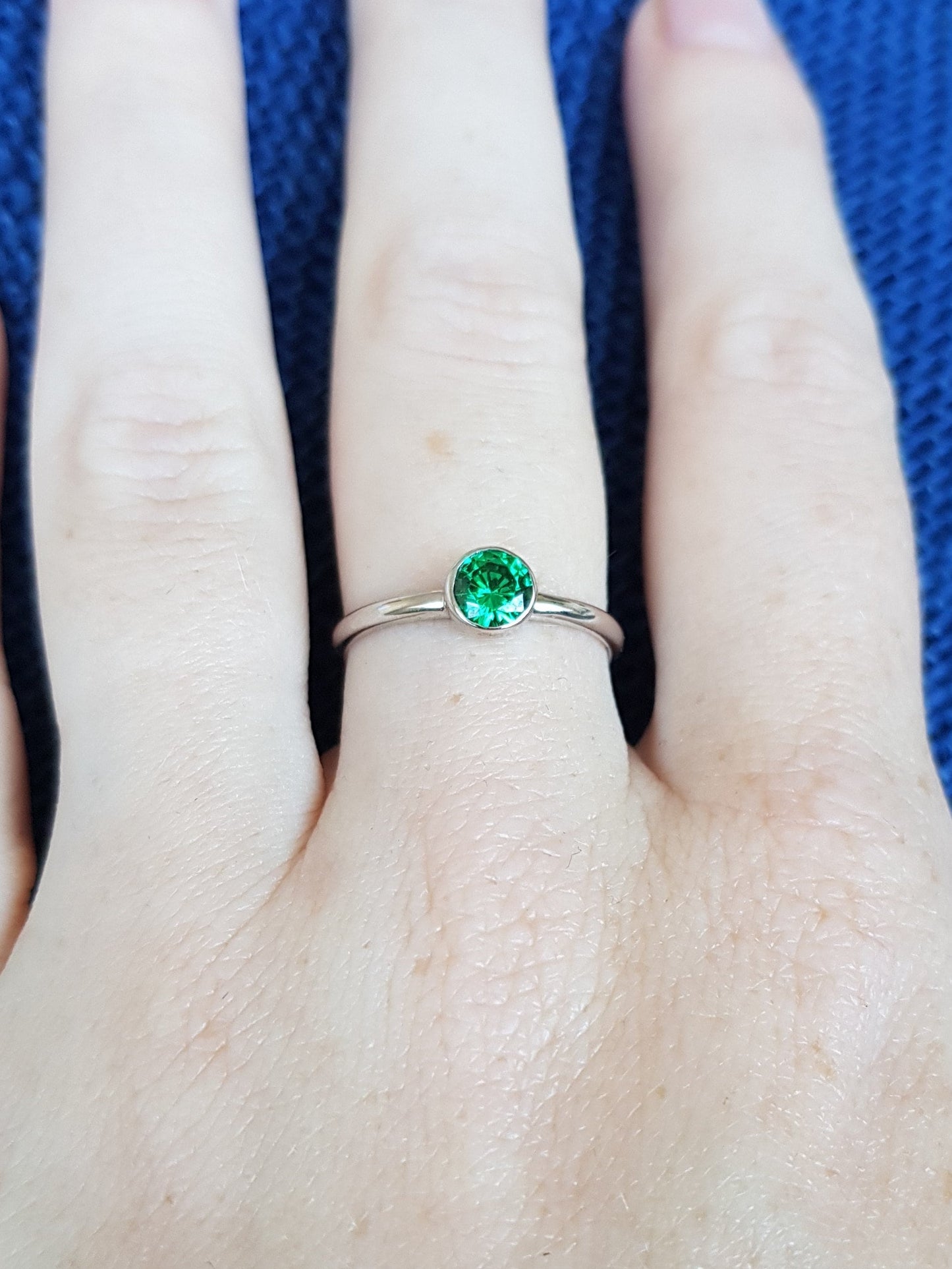 Lab Emerald bezel set solitaire ring - Available in white gold or sterling silver - handmade ring