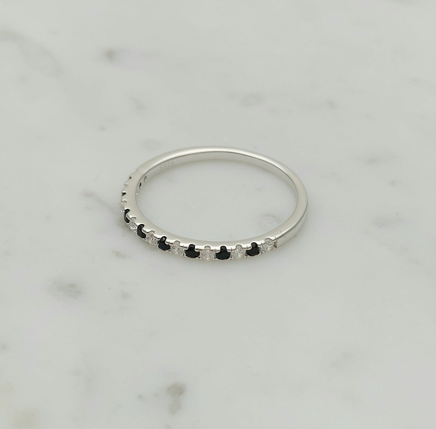 1.8mm wide Onyx & Man Made Diamond Simulant Half Eternity ring  in white gold or Silver - stacking ring - wedding band