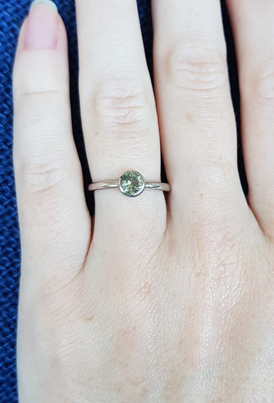 Natural Green Sapphire bezel set solitaire ring - Available in white gold or sterling silver - handmade ring