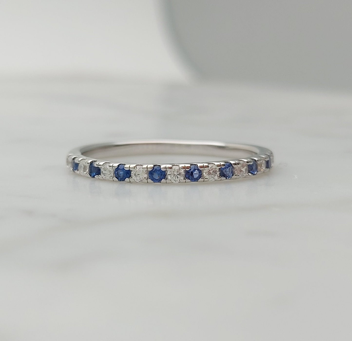 1.8mm wide Lab Blue & White Sapphire Half Eternity ring in white gold or Silver - stacking ring - wedding band - handmade engagement ring