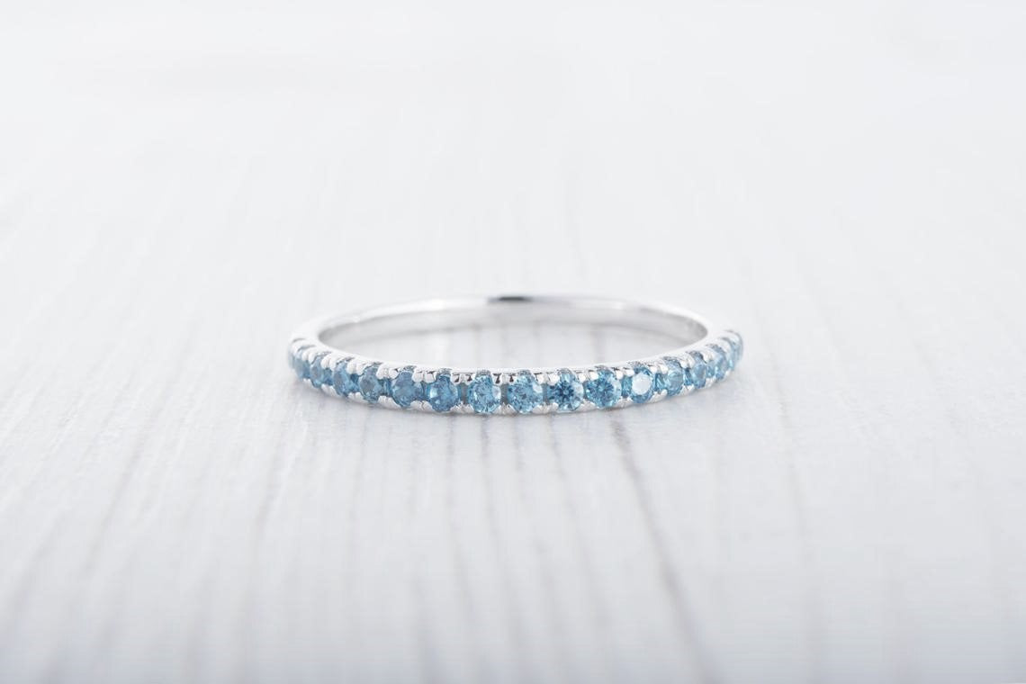 1.8mm wide natural blue topaz Half Eternity ring  in white gold or Silver - stacking ring - wedding band - handmade engagement ring