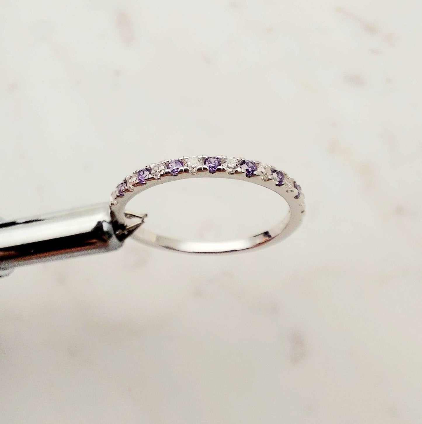 1.8mm wide Amethyst and diamond Half Eternity ring - stacking ring - wedding band in white gold or Silver
