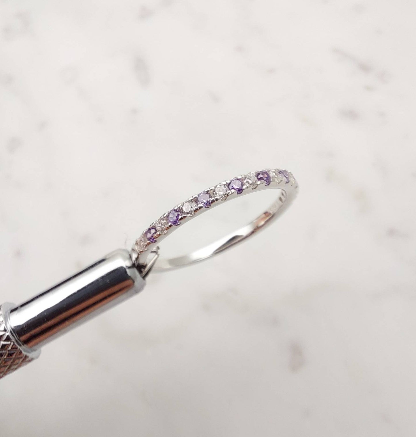 1.8mm wide Amethyst and diamond Half Eternity ring - stacking ring - wedding band in white gold or Silver