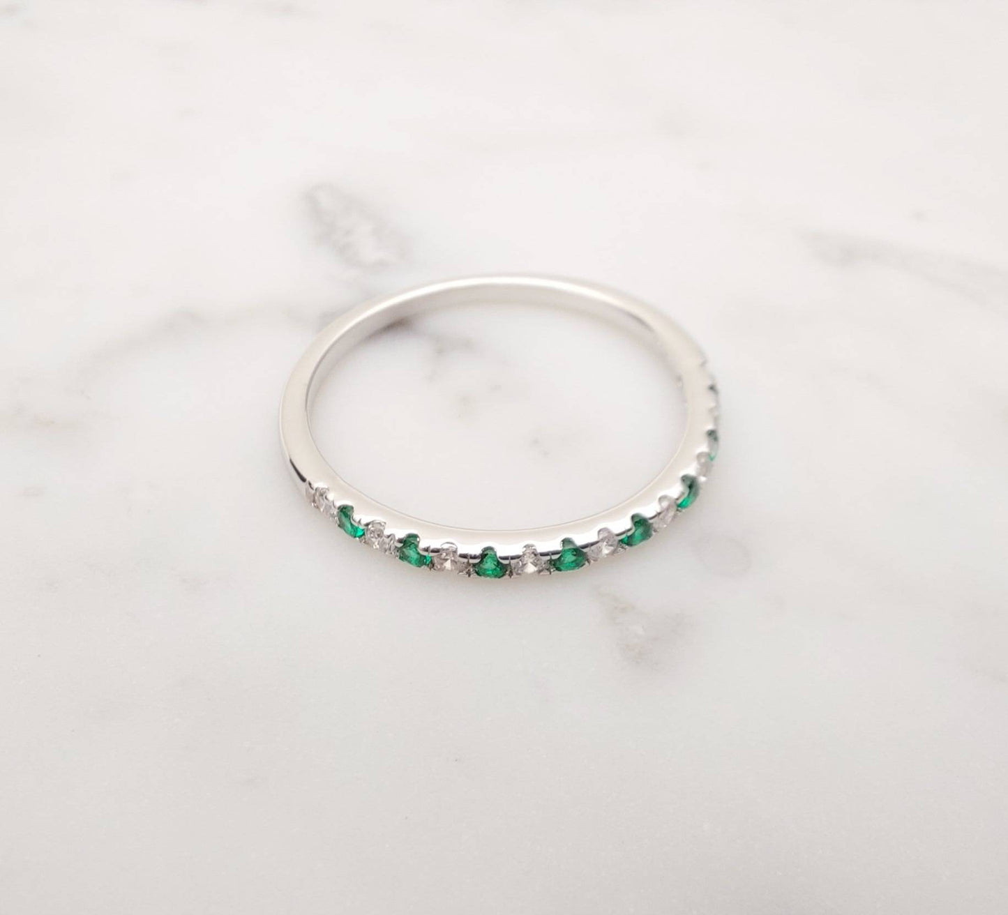 1.8mm wide Natural Emerald and diamond Half Eternity stacking ring  in white gold or Silver - stacking ring - wedding band - handmade ring
