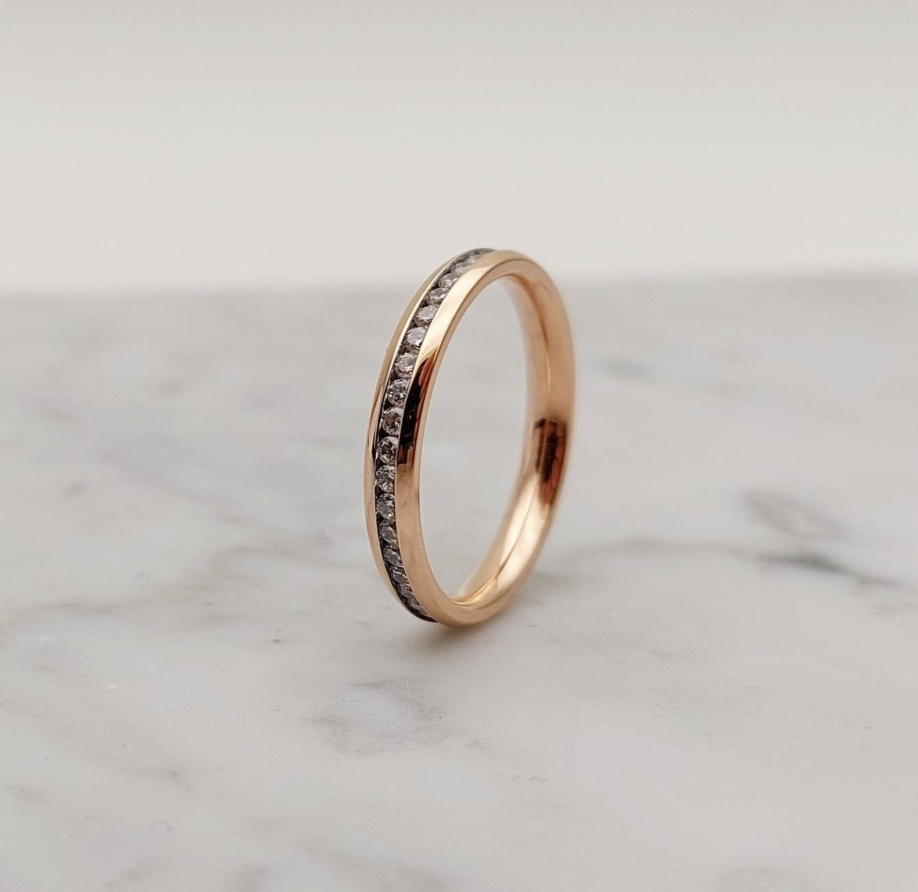 3mm Wide Man Made Diamond Simulant Full Eternity ring / stacking ring in rose gold filled - Wedding Band - Engagement ring
