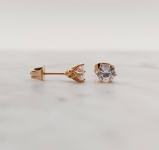 Man Made Diamond Simulant stud earrings in Rose gold and titanium, available 4mm, 5mm or 6mm sizes