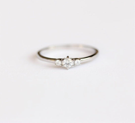 Natural White Sapphire 3 stone Trilogy Ring in White Gold or Titanium  - engagement ring - handmade ring