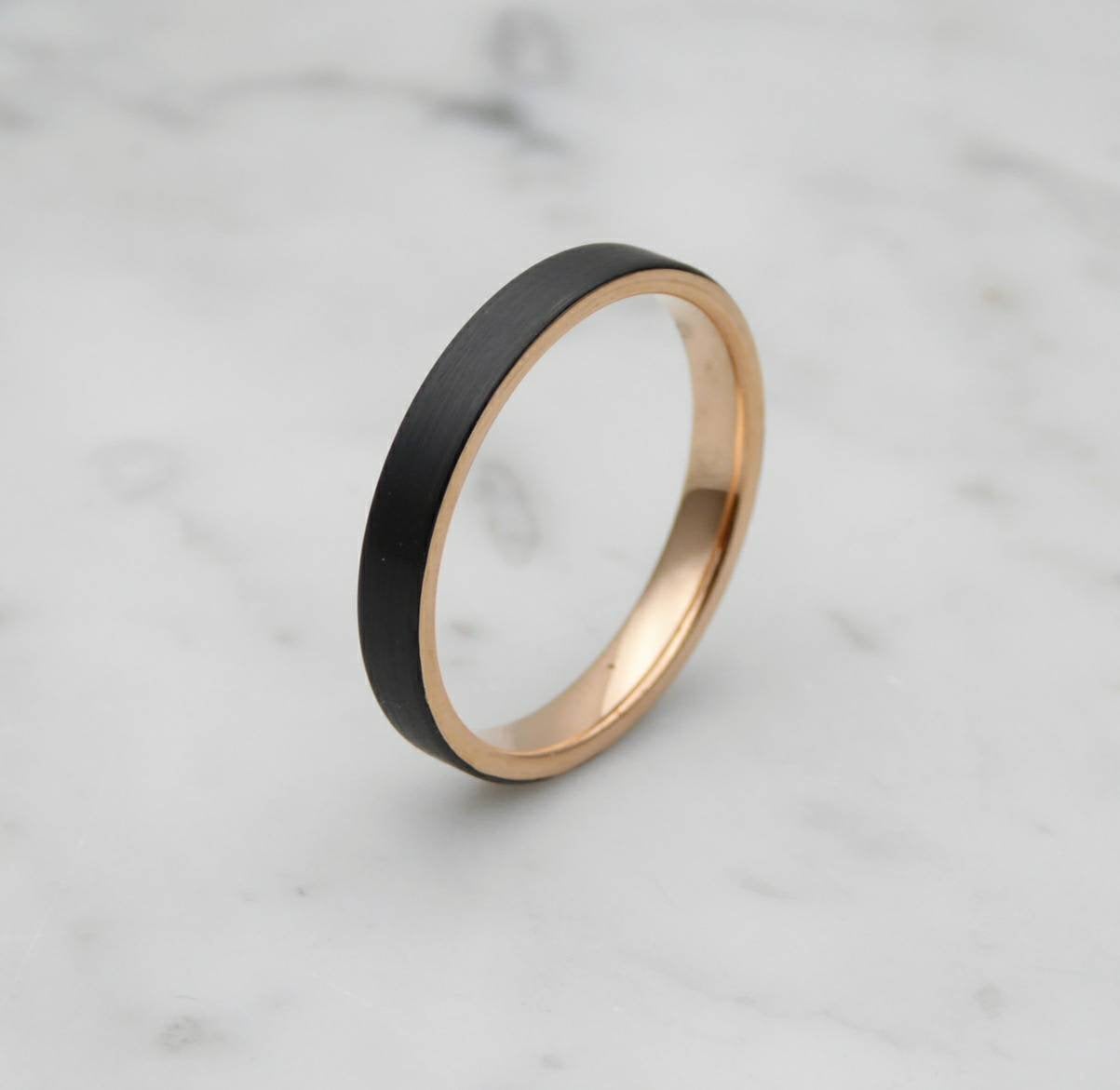 3mm Black Brushed titanium & 18k rose gold wedding ring band for men and women