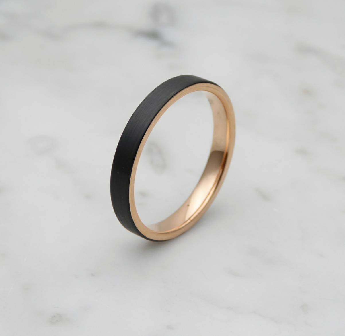 2mm Black Brushed titanium 18k rose gold wedding ring band for men and women