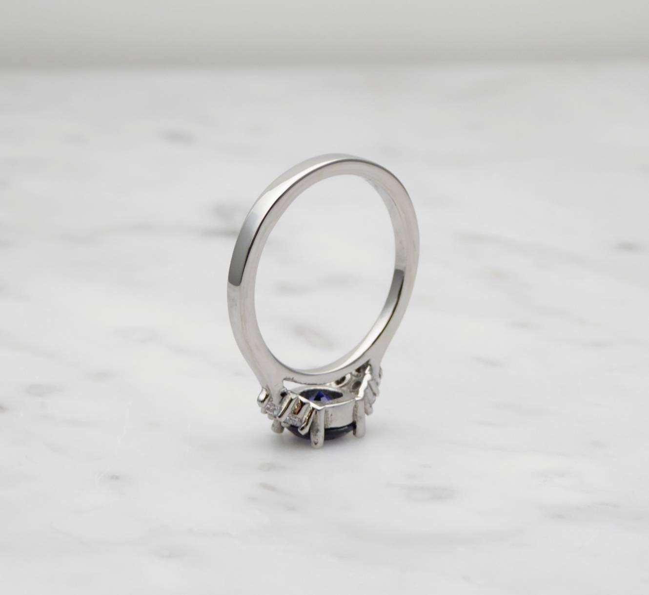 Blue Sapphire & Man Made Diamond Simulant ring available in white gold or Titanium - engagement ring - wedding ring