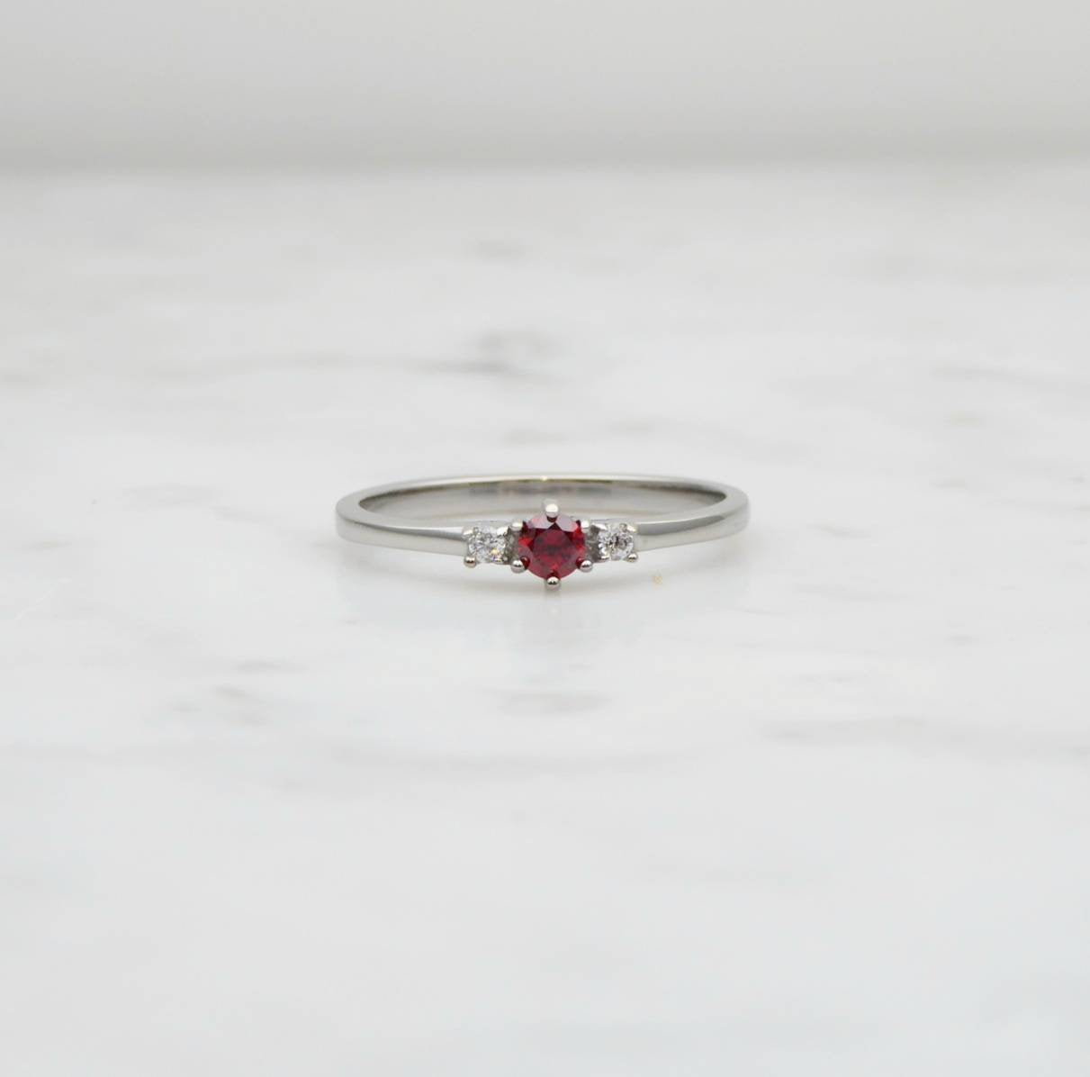 Natural Garnet and White Sapphire 3 stone Trilogy Ring in White Gold or Titanium  - engagement ring - handmade ring