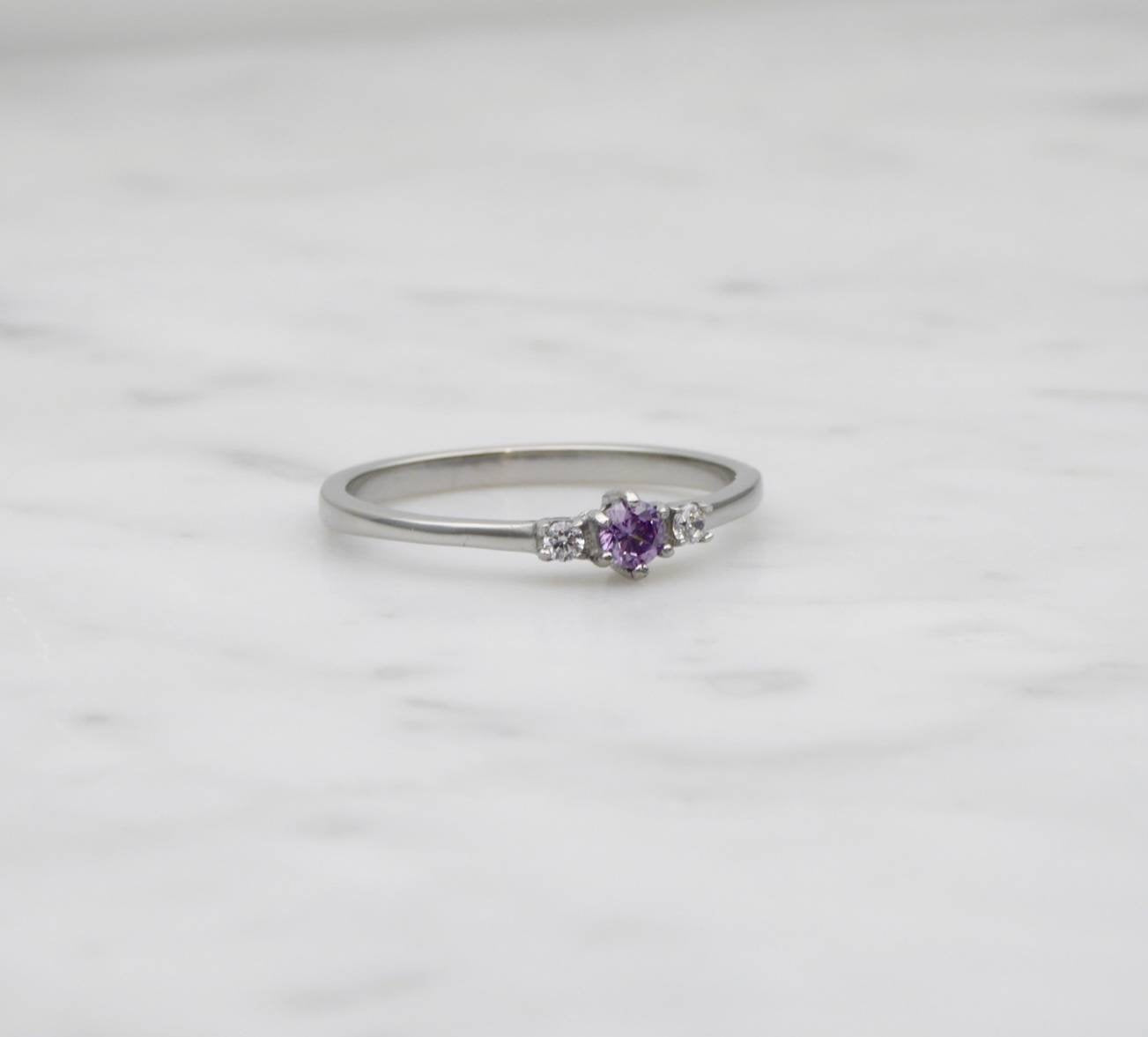 Natural Amethyst and White Sapphire 3 stone Trilogy Ring in White Gold or Titanium  - engagement ring - handmade ring