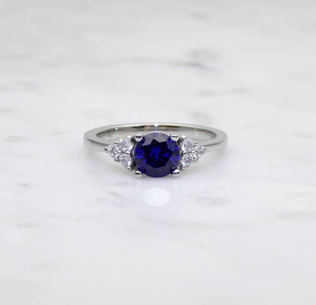 Blue Sapphire & Man Made Diamond Simulant ring available in white gold or Titanium - engagement ring - wedding ring